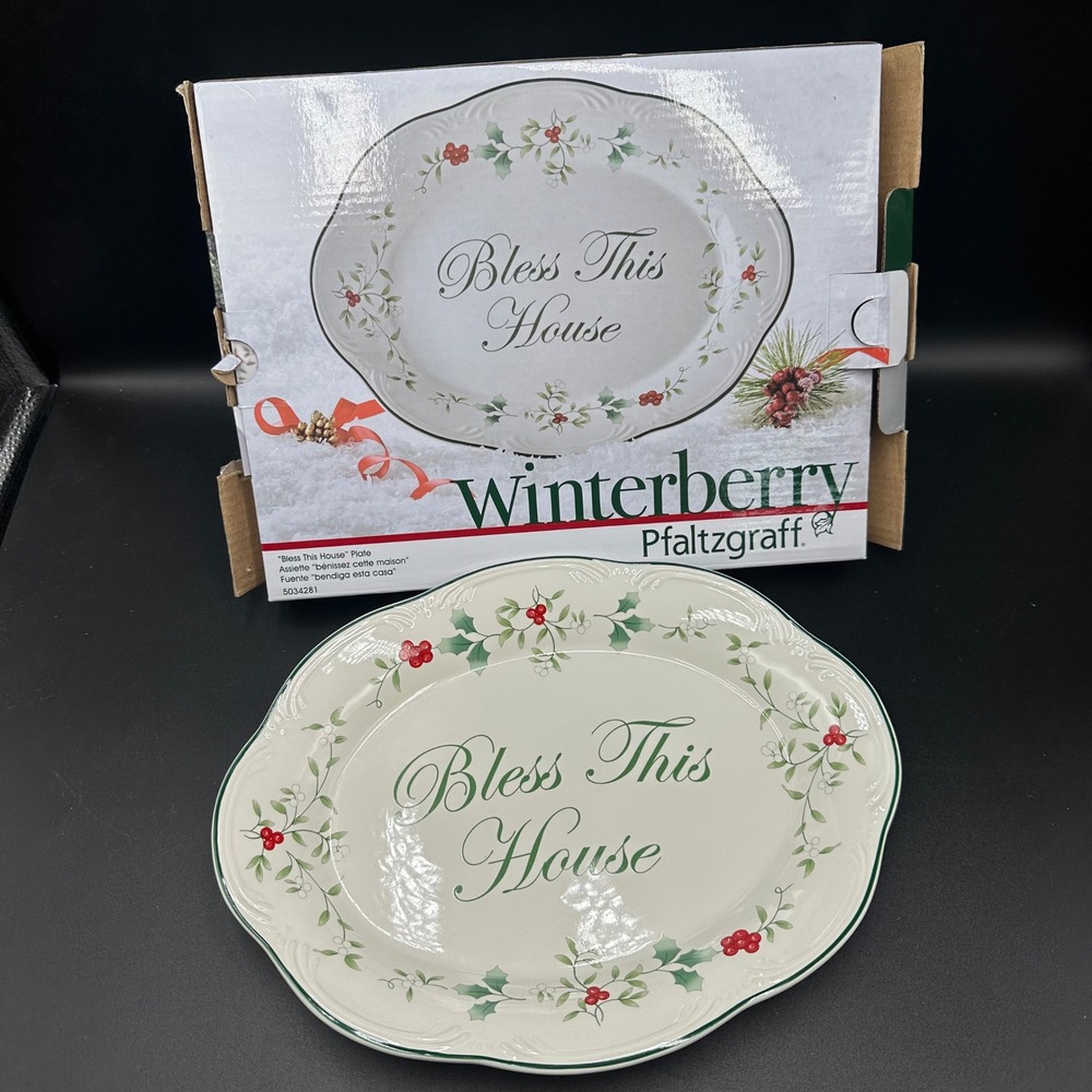 Pfaltzgraff Winterberry Platter Bless This House 10" White Green Holly Christmas
